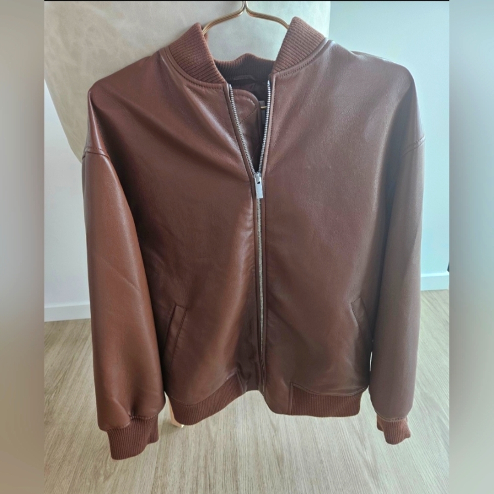 Babaton Vegan Leather Bomber Jacket – Cognac Brown, Size S - Picture 2 of 6